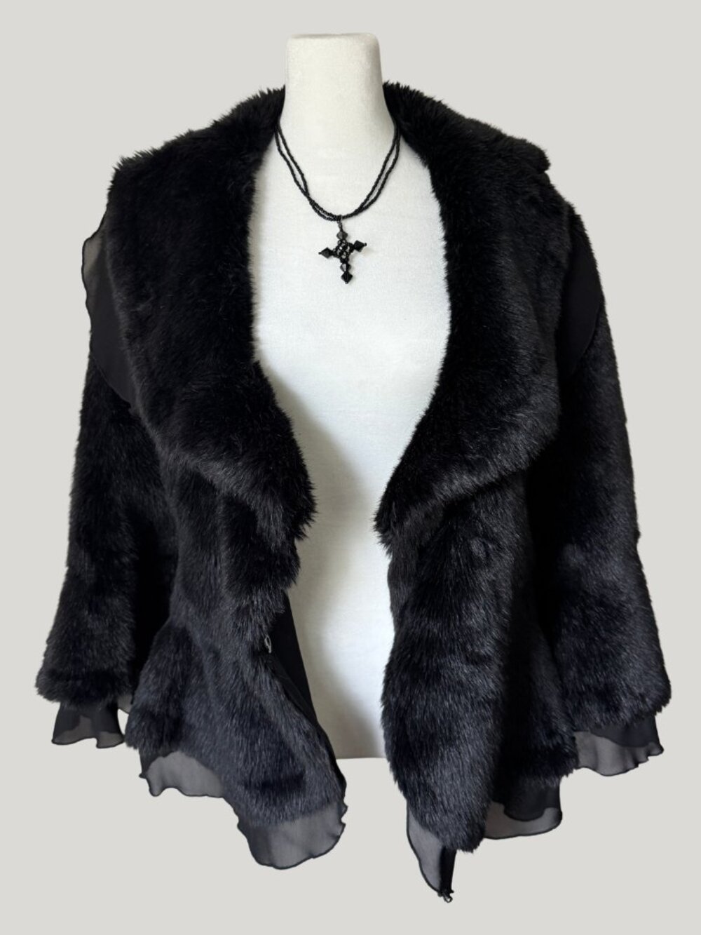 Vintage Powder River Outfitters Black Faux Fur Coat Women's Size Small Y2K Goth